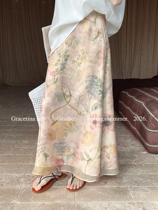 Vintage Oil Painting Floral Print Midi Skirt 100% Polyester Side Zip A-Line Elegant Summer Skirt - Seldom Seen Styles