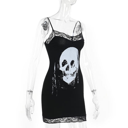 Women's Skull Print Contrast Lace Bodycon Cami Dress, Street Fashion Womenswear, Casual Sleeveless Mini Dress for Party Club Wear, Ladies Clothes for Fall 90s Clothes - Seldom Seen Styles