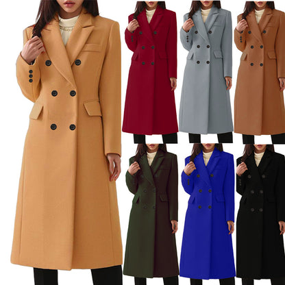 Women's Notch Lapel Double Breasted Wool Blend Mid Long Pea Trench Coat