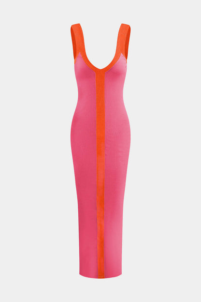 Robe longue côtelée fendue à col en V et blocs de couleur