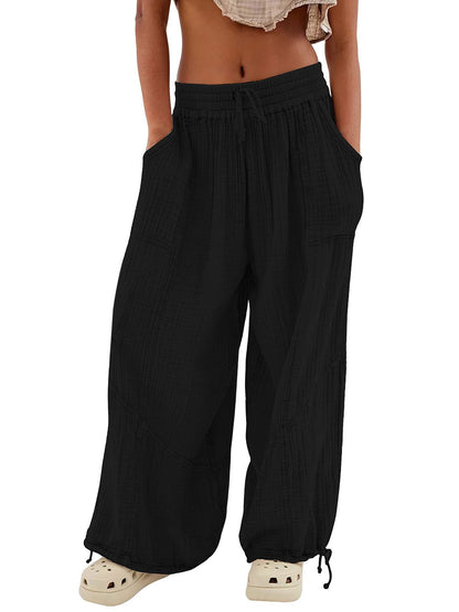 Damen Casual Loose Fit Weite Beinhose Baumwolle Hose Kordelzug Nähte Baggy Pants Hose mit Taschen