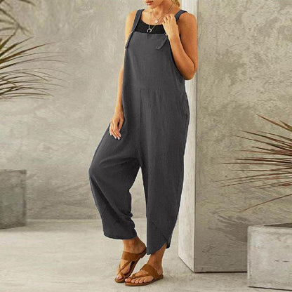 Women's Sleeveless Cotton Linen Overalls Rompers Baggy Wide Leg Jumpsuits