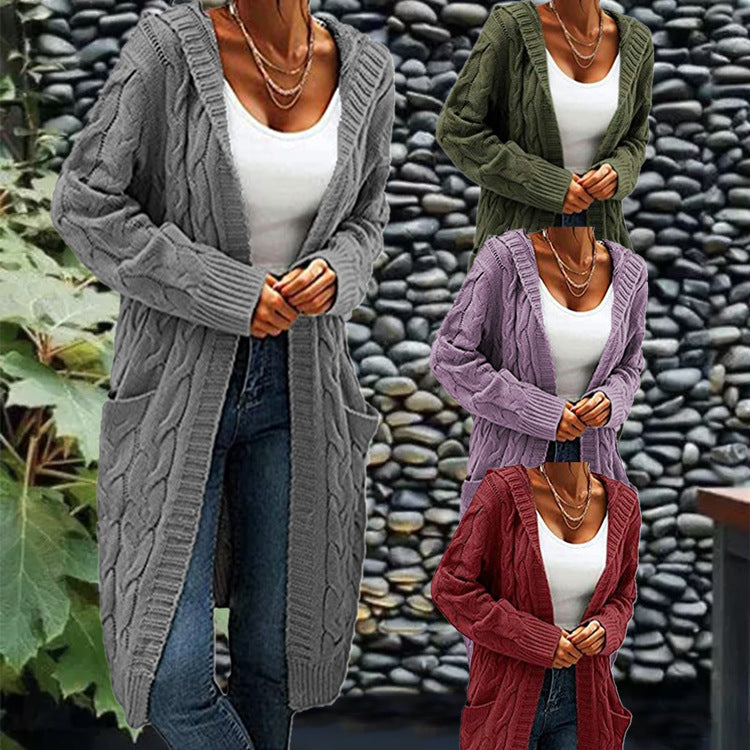 Women's Pocket Drop Shoulder Cardigan, Hooded Long Sleeve Warm Top, Casual Textured Knit Open Front Cable Outwear, Sweaters for Women - Seldom Seen Styles