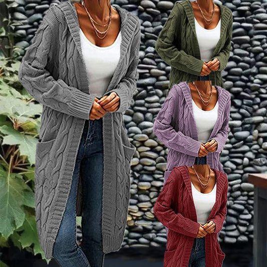 Women's Pocket Drop Shoulder Cardigan, Hooded Long Sleeve Warm Top, Casual Textured Knit Open Front Cable Outwear, Sweaters for Women - Seldom Seen Styles