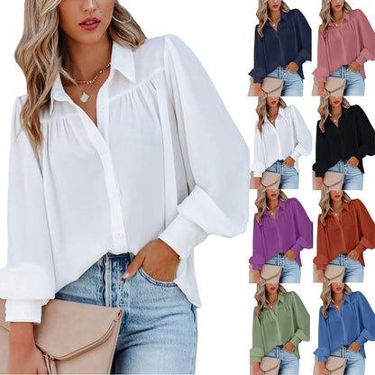 2024Cross-Border wish Amazon Button Top Lantern Sleeve Pleated Solid Color Stand Collar Loose Shirt Long Sleeve Women's Clothing