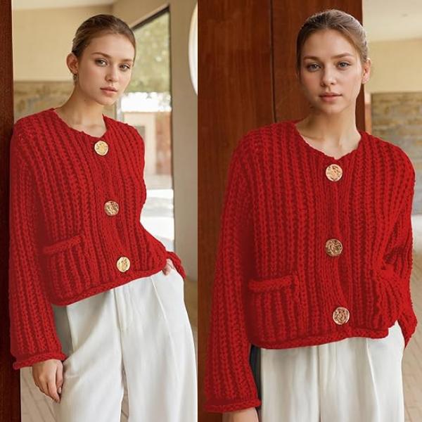 Women's Cropped Cardigan Sweater Long Sleeves Button Down Chunky Knitted Coat Knitwear