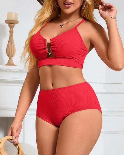 Ribbed High Rise Bikini Sets Women Large Bust Longline Modest Bikini Swimsuits 2 Piece - Seldom Seen Styles