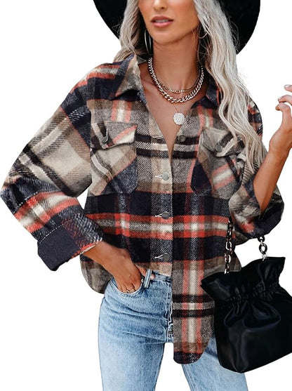 BTFBM Women Shacket Jacket Long Sleeve Button Down Casual Plaid Flannel Shirts Loose Fall Spring Blouses Tops