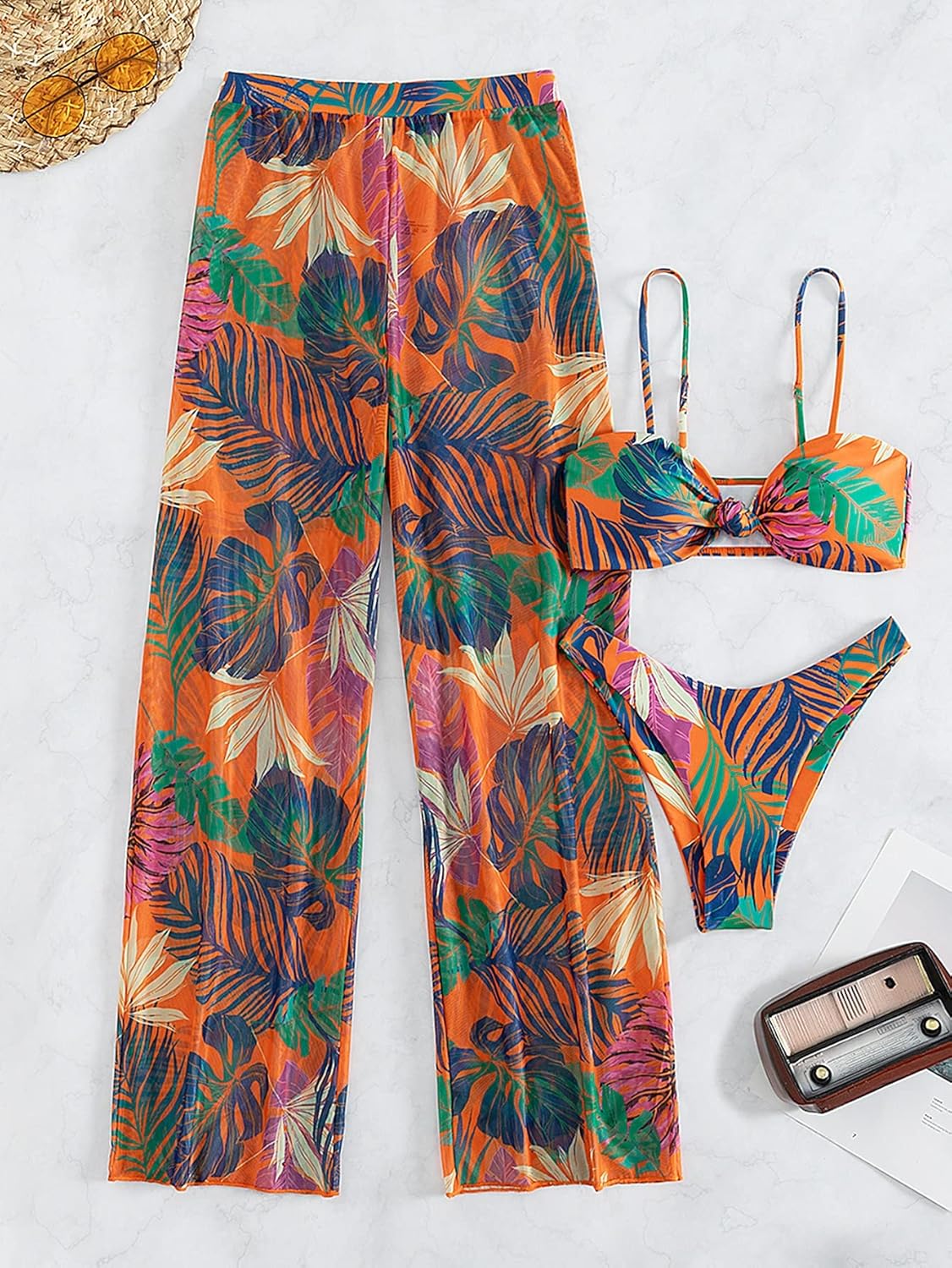 Women's 3 Piece Set Tropical Print High Cut Wrap Front Bikini Swimsuit - Seldom Seen Styles