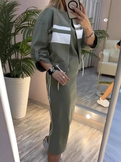 Olive Green Two Piece Skirt Set for Women – Casual Chic Midi Dress with Zip-Up Long Sleeve Jacket