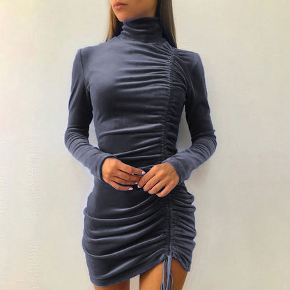 Suede Drawstring Turtleneck Dress Women's Fall Winter Fashion Long Sleeve Skinny Sheath Formal Dress