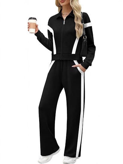 Women's 2 Piece Lounge Outfits Zip Up Sweat Set Contrast Striped Wide Leg Jogging Pants Travel Track Suit