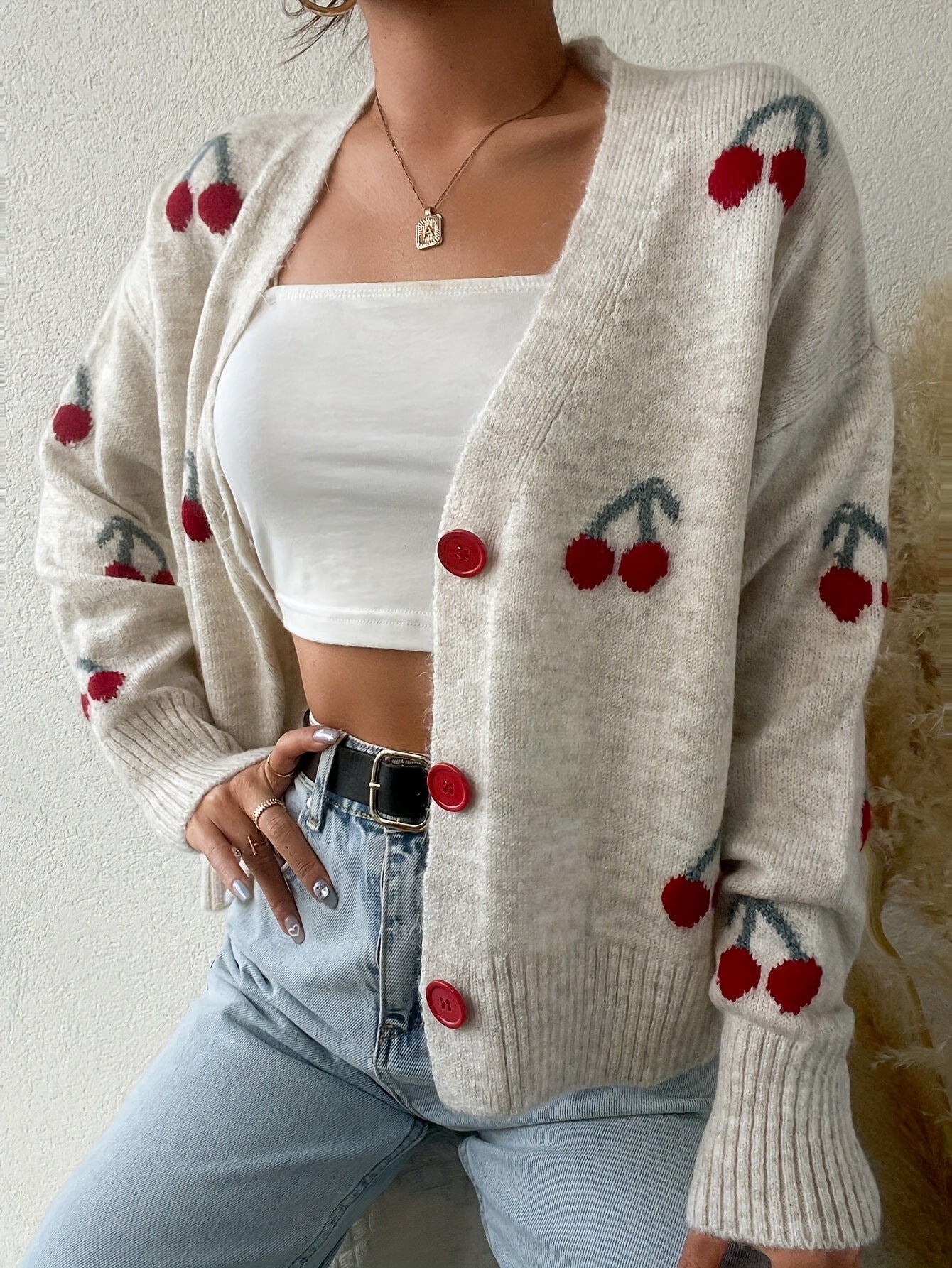Women's Cherry Pattern Button Front Knitting Longsleeves Cardigan, Casual Elegant Long Sleeve Sweater Cardigan for Fall &amp; Winter, Women's Knit Clothing for Daily Wear, Cardigan for Women, Women's Cardigan, Womenswear, Knitwear, Clothe - Seldom Seen Styles