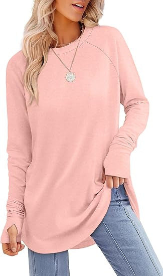 Womens Tunic Tops to Wear with Leggings Long Sleeve Thumb Hole Shirts Crew Neck Curved Hem - Seldom Seen Styles