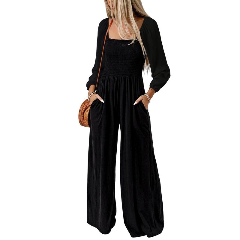 Women's Plain Ruched Shirred Pocket Wide Leg Jumpsuit, Casual Bishop Sleeve Square Neck Jumpsuit for Spring & Fall, Ladies Clothes for Daily Wear - Seldom Seen Styles