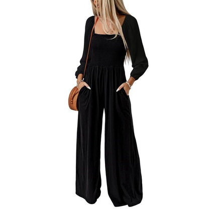 Women's Plain Ruched Shirred Pocket Wide Leg Jumpsuit, Casual Bishop Sleeve Square Neck Jumpsuit for Spring & Fall, Ladies Clothes for Daily Wear