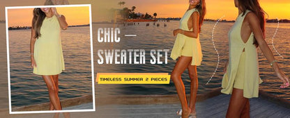 Women's 2 Piece Outfits Summer Knit Sweater Set Sleeveless Tunic Top Matching Shorts Trendy Beach Vacation Sets Loungesetwomen Suits Clothes Womenswear  Basic Beige