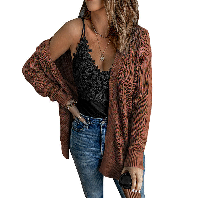 European and American Style Women Fashion Solid Color Hollow Cardigan Sweater Autumn and Winter New Side Slit Drop-Shoulder Long-Sleeve Top271064