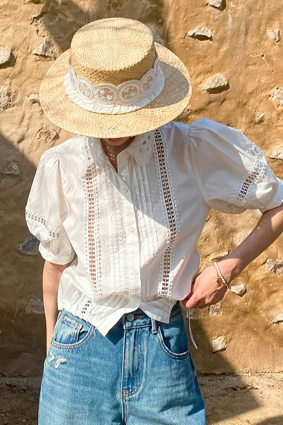 Chic Stripe Lace Puff Sleeve Blouse - Seldom Seen Styles