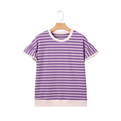 Shewin 2026 SummerVibes Women's Casual Striped Ruffle Sleeve Top - Round Neck Loose Fit Cotton Ribbed Knit T-Shirt with Lace Trimmed Flounce Sleeves for Daily Wear