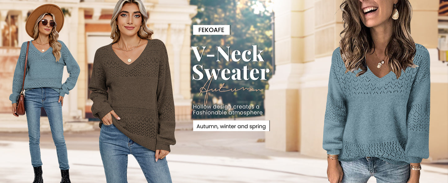 Womens Sweaters 2025 Fall V Neck Long Sleeve Hollow Knit Pullover Sweaters for Women - Seldom Seen Styles