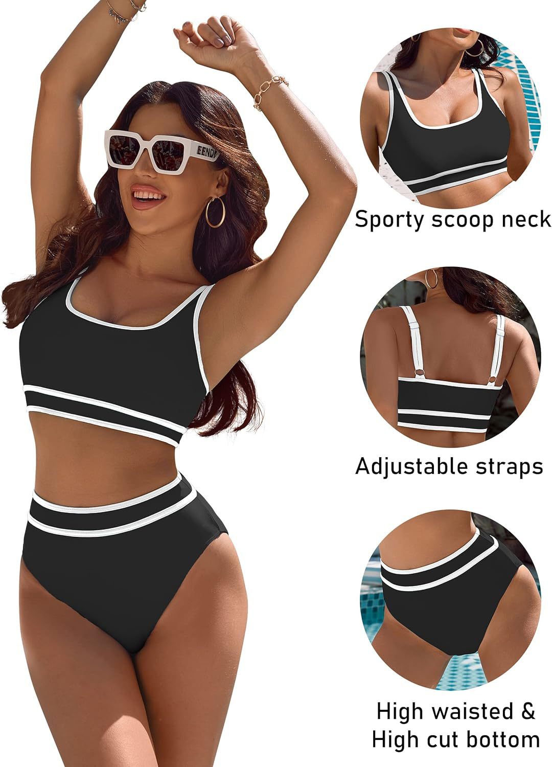 Women's High Waisted Bikini Sets Sporty Two Piece Swimsuits Color Block Cheeky High Cut Bathing Suits - Seldom Seen Styles