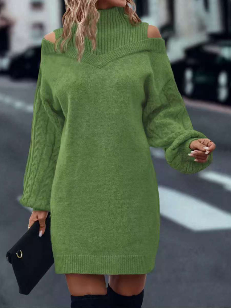 Women Half High Neck Off-Shoulder Long Sleeve Knitted Dress - Seldom Seen Styles