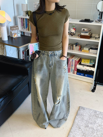 Women's Ripped Wide Leg Baggy Jeans High Waist Distressed Denim Pants Street Style Y2K Casual
