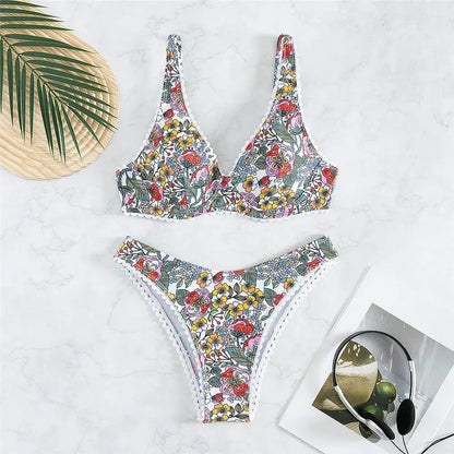 Damen Badeanzug mit Blumenmuster, hohe Taille, Knoten, Bikini-Set