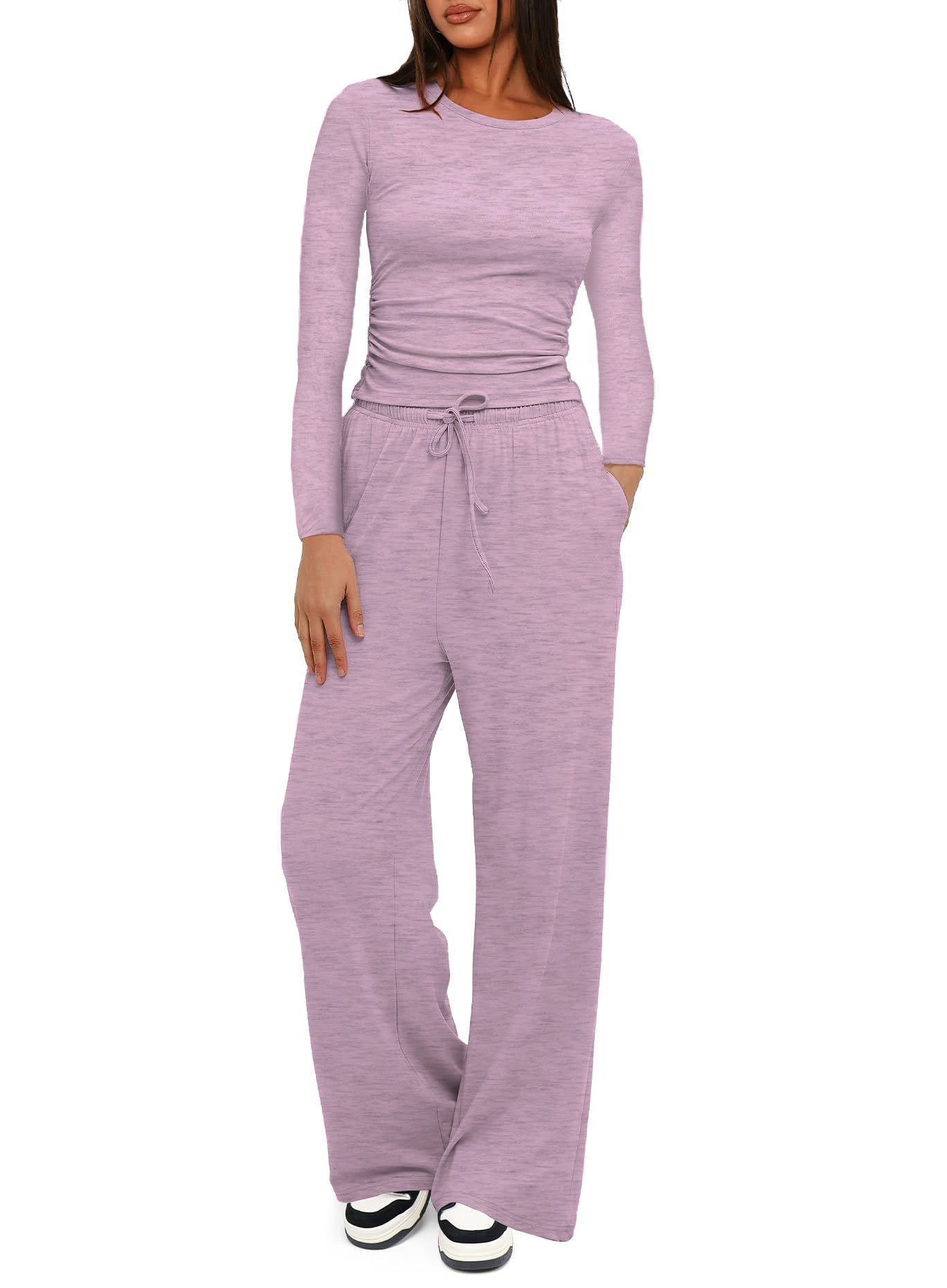 Two-piece Set Women's Solid Ruched Tee & Drawstring Pocket Pants Pajamas Set, Casual Long Sleeve T-shirt & Elastic Waist Trousers, Ladies Sleepwear  Loungewear for All Seasons - Seldom Seen Styles