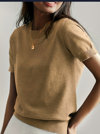 Women's Solid Color Crew Neck Short Sleeve Sweater, Chic Casual Basic Knit Pullover for Spring & Fall, Fashion Women's Knitwear for Daily Wear, Womenswear