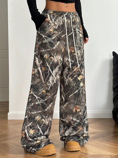 Damenhose mit Buchstaben-Leopardenmuster und geradem Bein, elastische Taille, Y2K-Hose, Unterteil mit Taschen