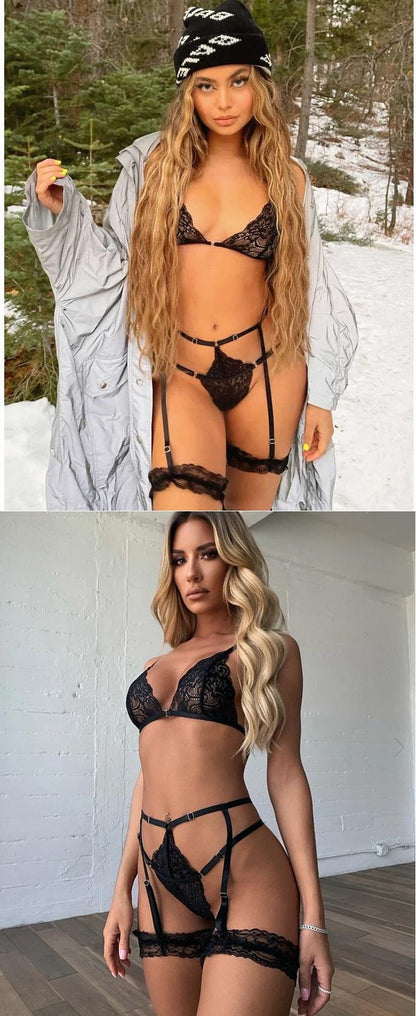 Lace Garter Lingerie Set with Removable Choker Teddy Babydoll Strappy Bra and Panty Set