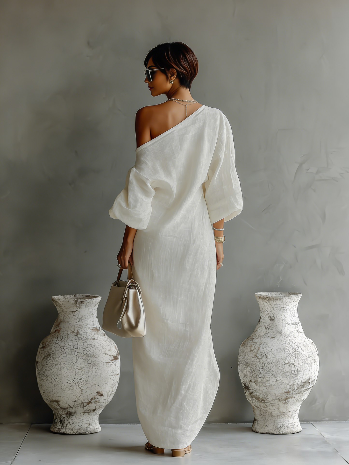 Women's Ivory White Cotton-Linen Blend One-Shoulder Flowing Elegant Dress MDA3032K4T - Seldom Seen Styles