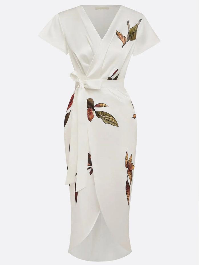 White Leaf Short Sleeve Satin Wrap Sheath Midi Dress - Seldom Seen Styles