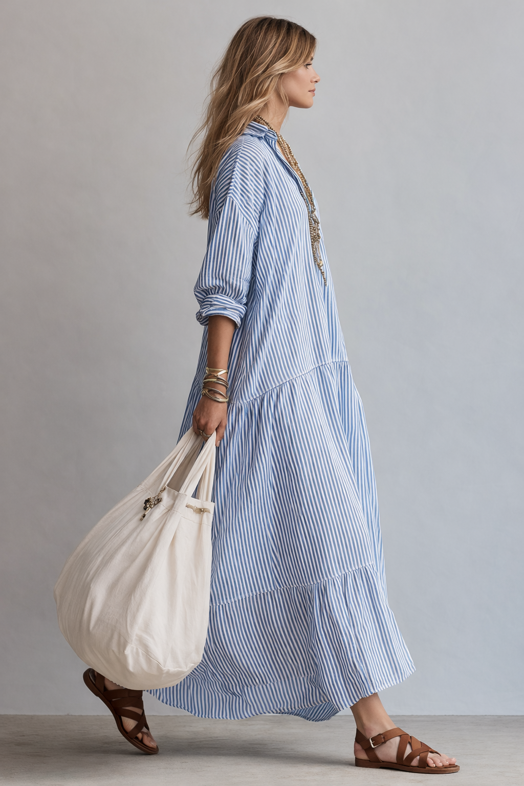 Blue Stripe Relaxed Shirt Maxi Dress - Seldom Seen Styles