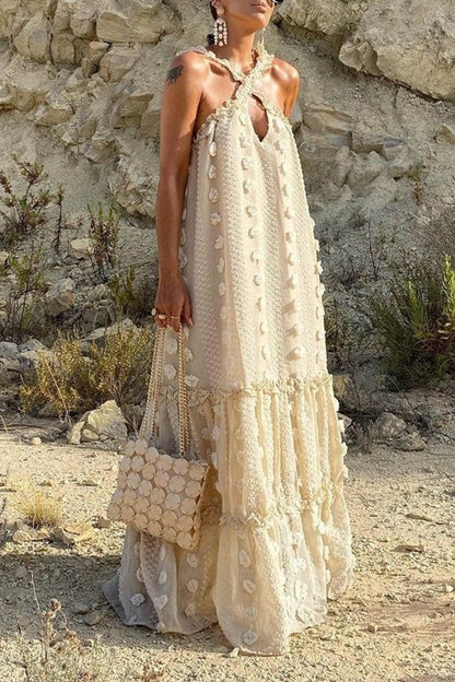 Maxikleid mit 3D-Blumenmuster und überkreuztem Neckholder
