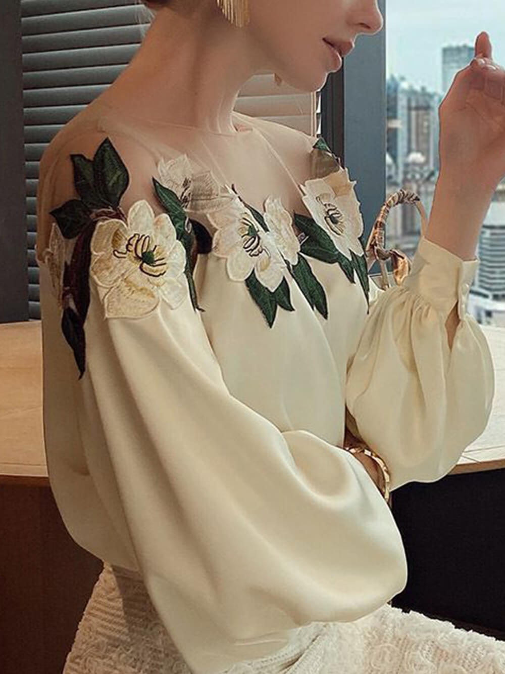 Mesh-Paneled Satin-Embroidered Long-Sleeved Shirt - Seldom Seen Styles