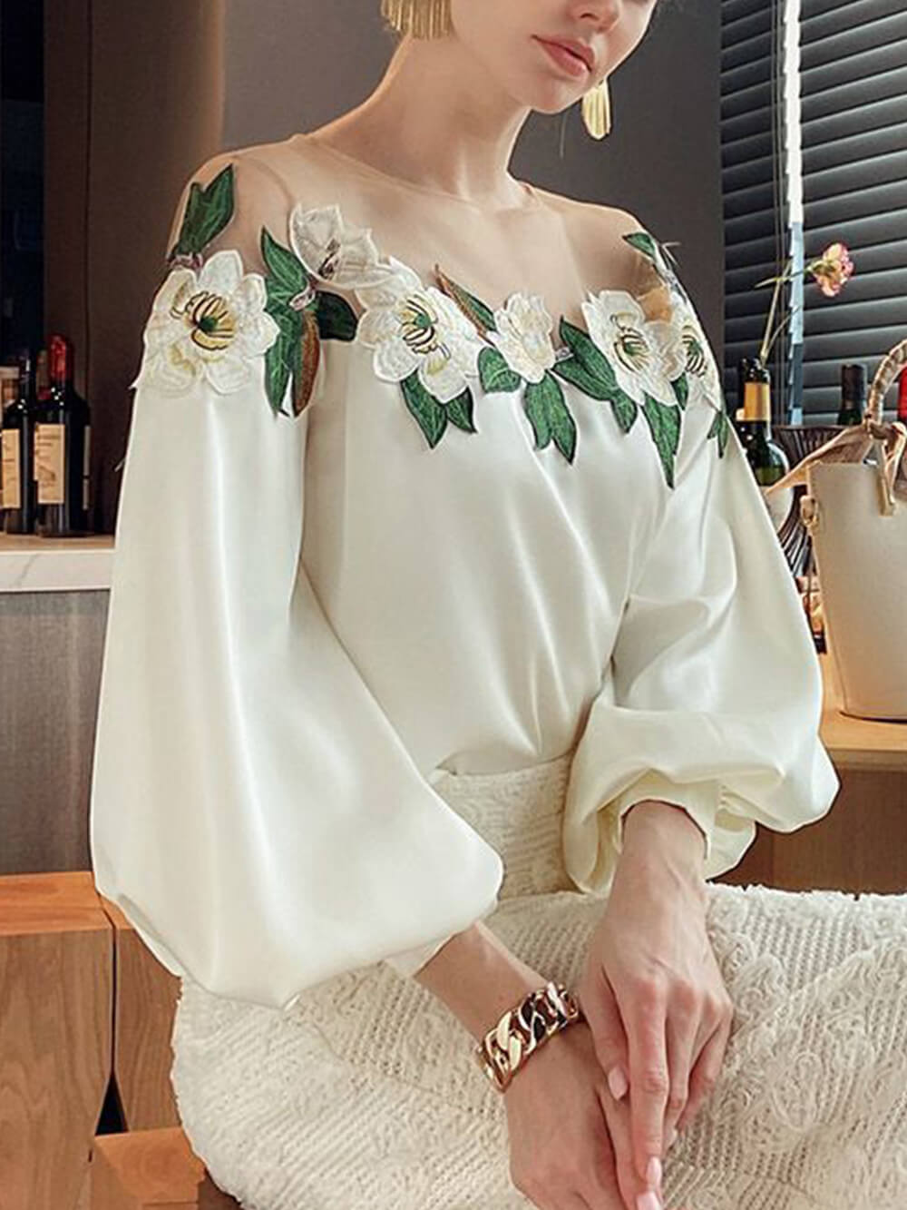 Mesh-Paneled Satin-Embroidered Long-Sleeved Shirt - Seldom Seen Styles