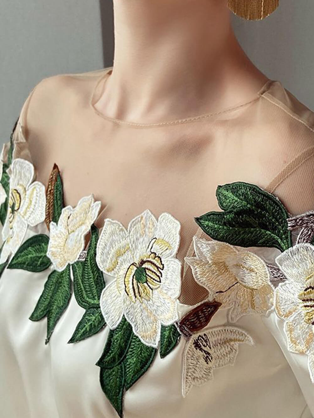 Mesh-Paneled Satin-Embroidered Long-Sleeved Shirt - Seldom Seen Styles