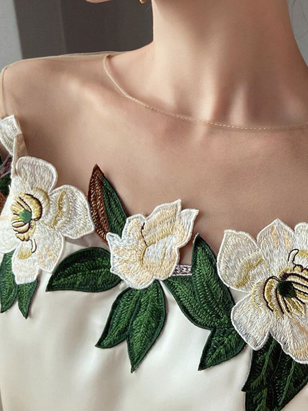Mesh-Paneled Satin-Embroidered Long-Sleeved Shirt - Seldom Seen Styles