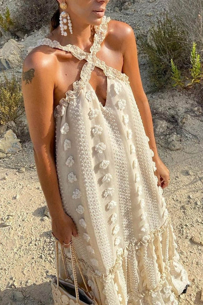 Maxikleid mit 3D-Blumenmuster und überkreuztem Neckholder