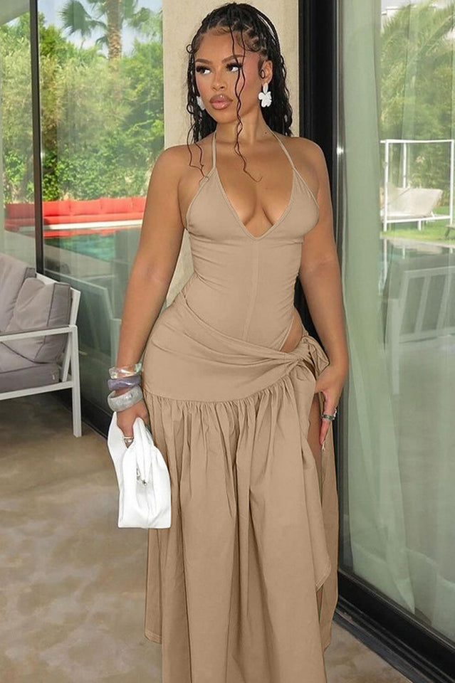 Women's White Halter Maxi Dress High Split Resort Vacation Dress - Seldom Seen Styles