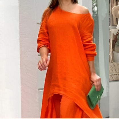 Womens Two Piece Set Dress Suit for Women Long Sleeve Cotton Linen Irregular Solid Crewneck Daily Wear Summer Set