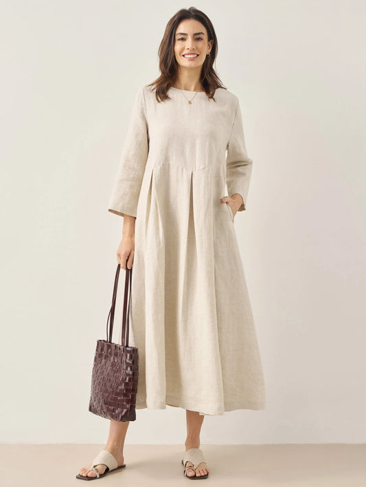 100% Linen Bateau Neck Pleated Maxi Dress ABIGAIL - Seldom Seen Styles