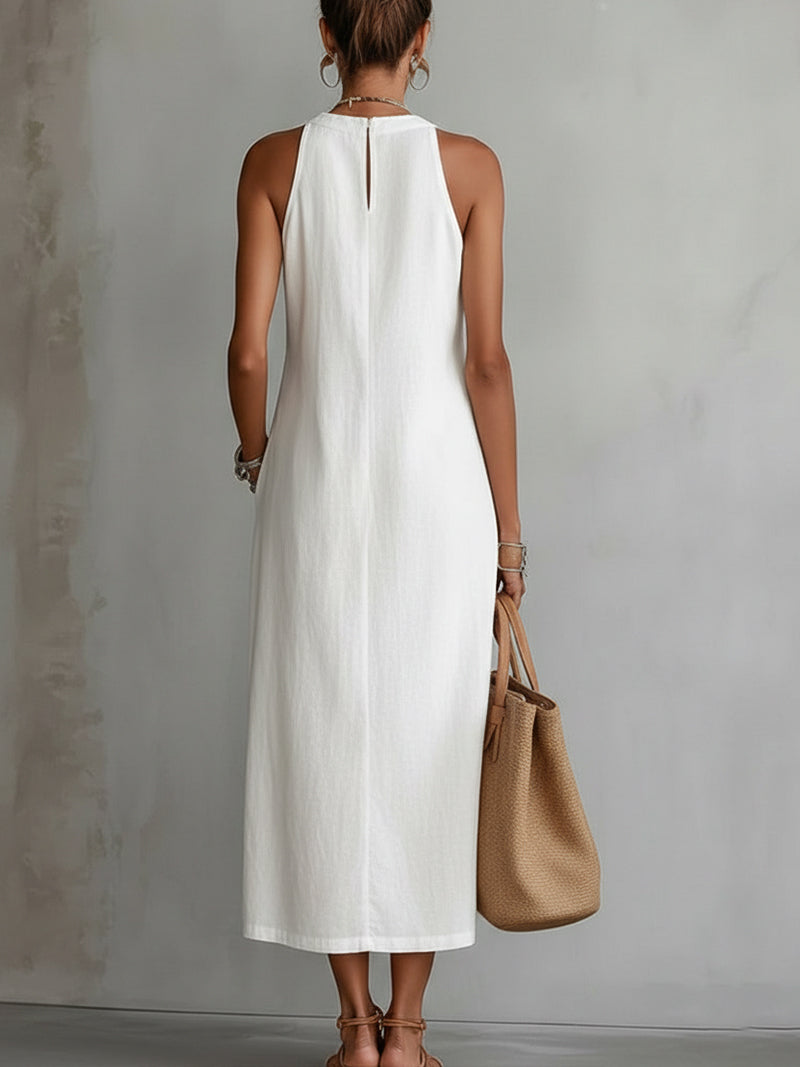 White Sleeveless Linen Midi Dress With Lace Insets And Side Slit - Seldom Seen Styles