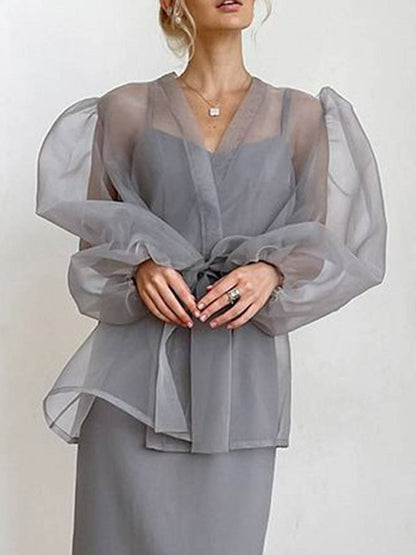 Transparente Sexy Bluse V-Ausschnitt Lange Puffärmel Schleife Schicke Bluse
