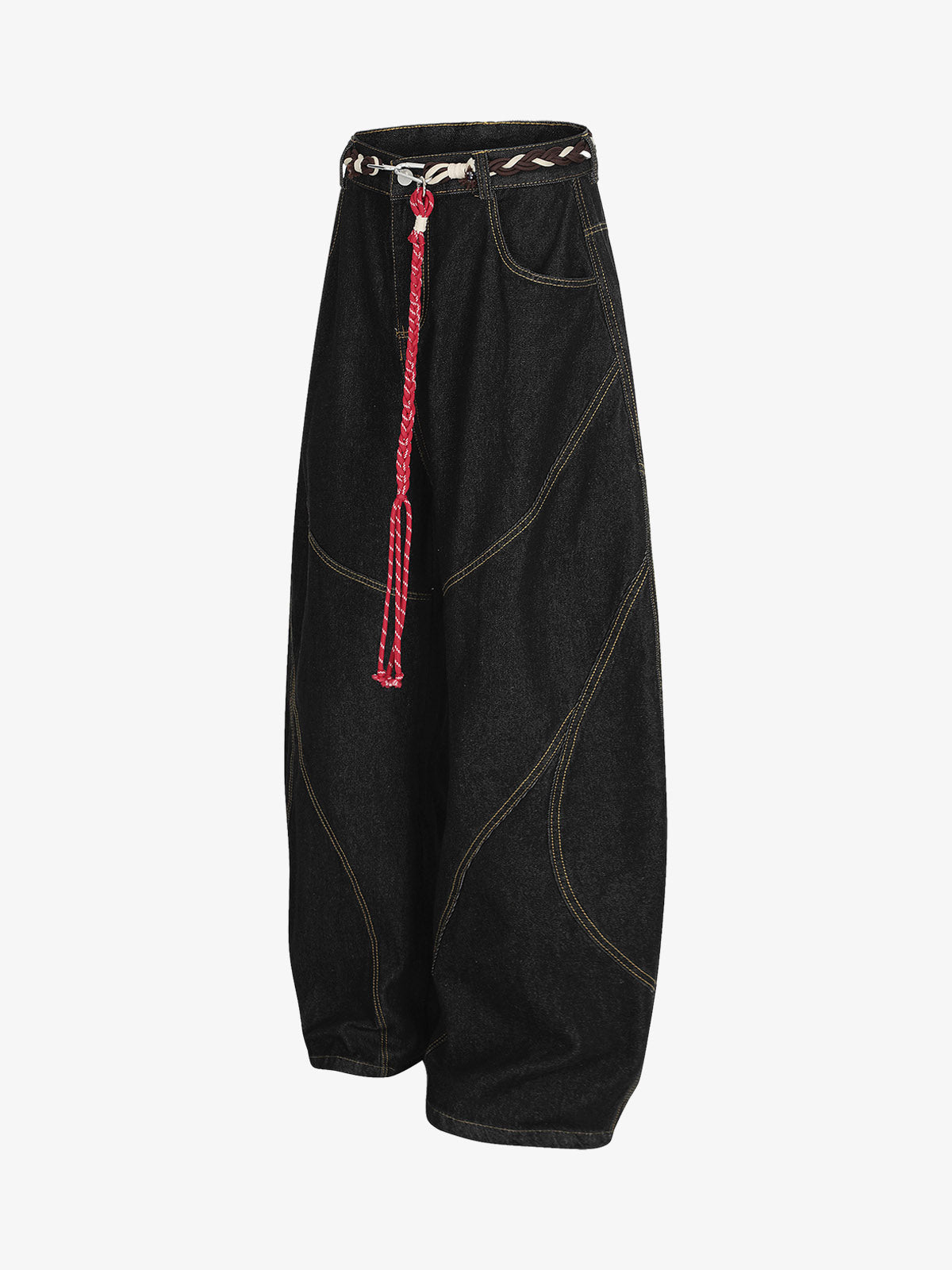 Retro Patchwork Belt Decorated Scimitar Jeans 