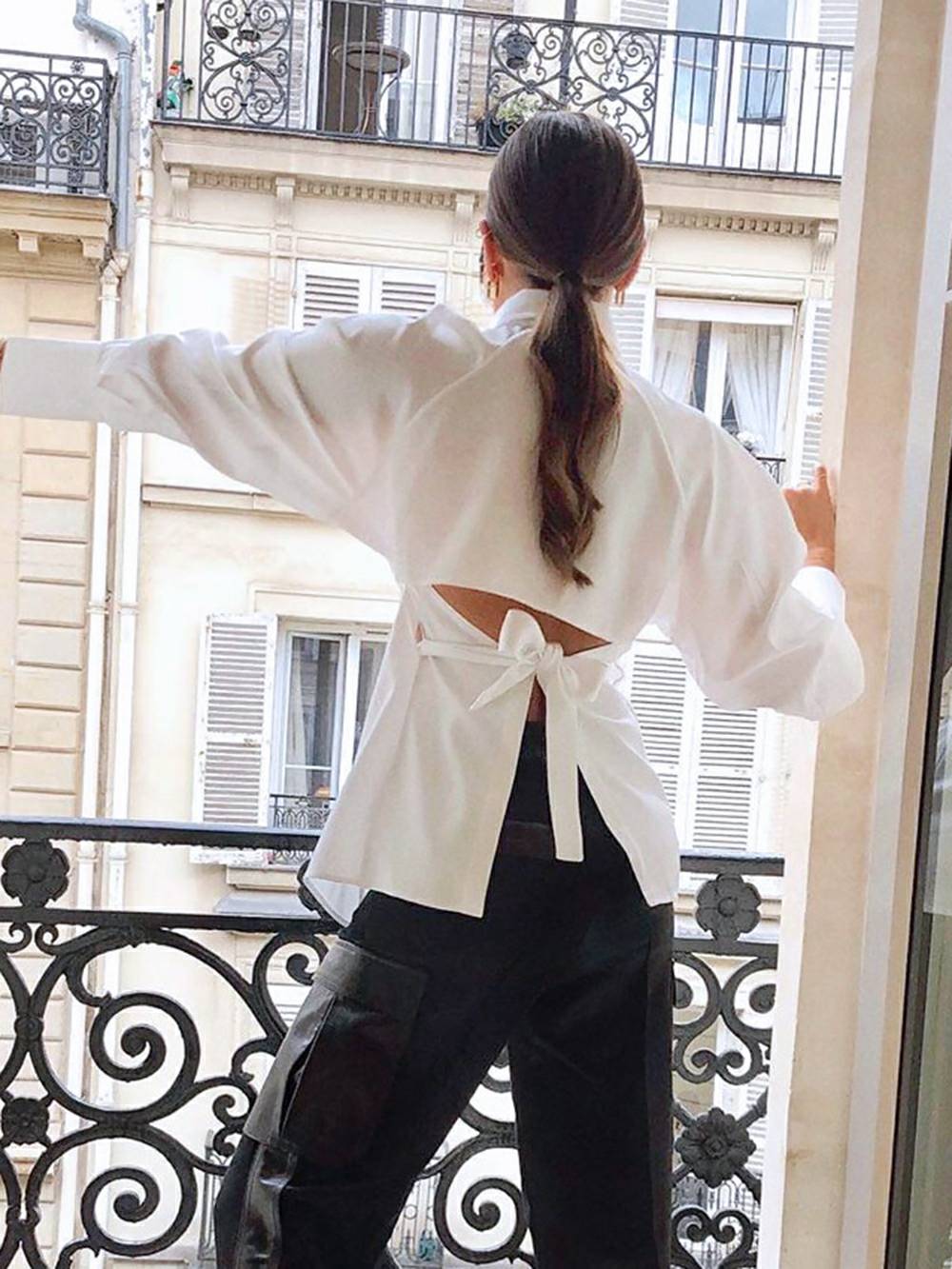Turndown Collar Hollow Out Waist Shaping Blouses - Seldom Seen Styles