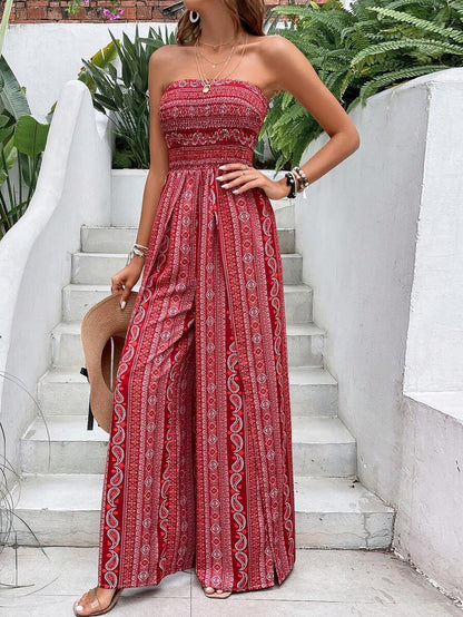 Women's Strapless Smocked Boho Jumpsuit Wide Leg High Slit Flowy Beach Vacation Summer Outfit
